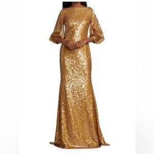 Elegant floor-length gown with allover sequins and balloon-sleeves